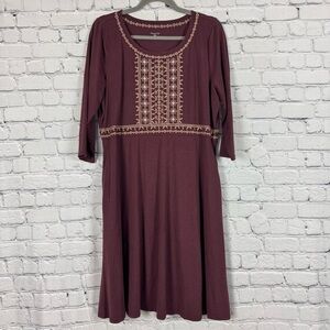 Garnet Hill Red A-Line Dress with Scoop Neck and 3/4 Sleeves Organic Cotton